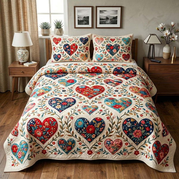 Patchwork Heart quilted 3-piece bedding set on a made bed in a farmhouse bedroom