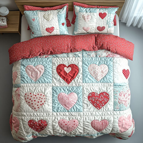 Patchwork Hearts quilted 3-piece bedding set on a made bed in a farmhouse bedroom