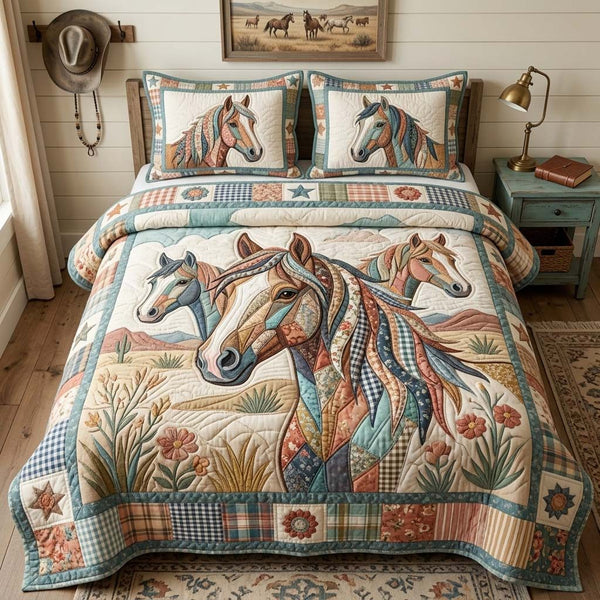 Patchwork Horse Dream quilted 3-piece bedding set on a made bed in a rustic timber bedroom