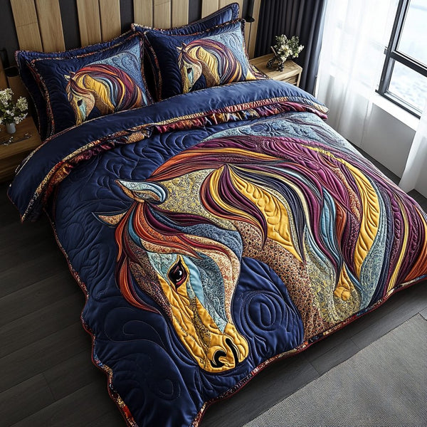 Patchwork Horse quilted 3-piece bedding set on a made bed in a rustic timber bedroom