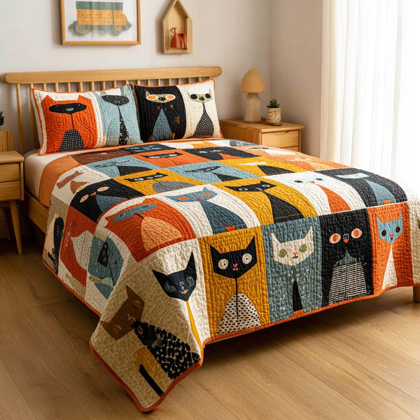 Patchwork Kitties quilted 3-piece bedding set on a made bed in a farmhouse bedroom