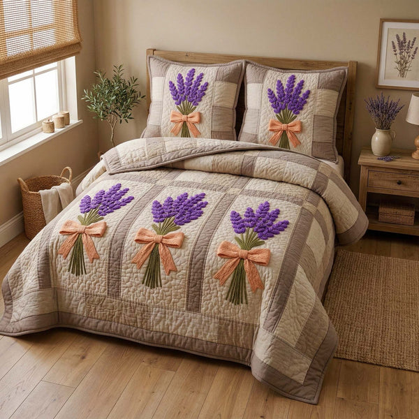 Patchwork Lavender quilted 3-piece bedding set on a made bed in a farmhouse bedroom