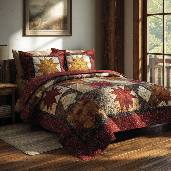 Patchwork Leaf Style quilted 3-piece bedding set on a made bed in a farmhouse bedroom