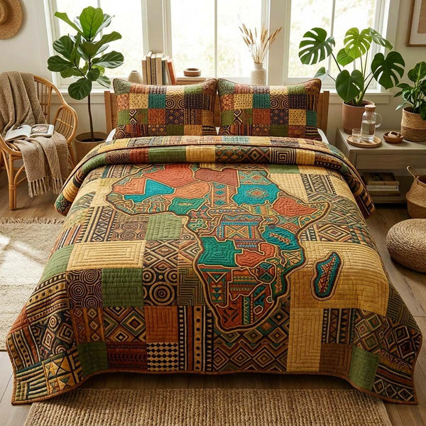 Patchwork Map quilted 3-piece bedding set on a made bed in a farmhouse bedroom