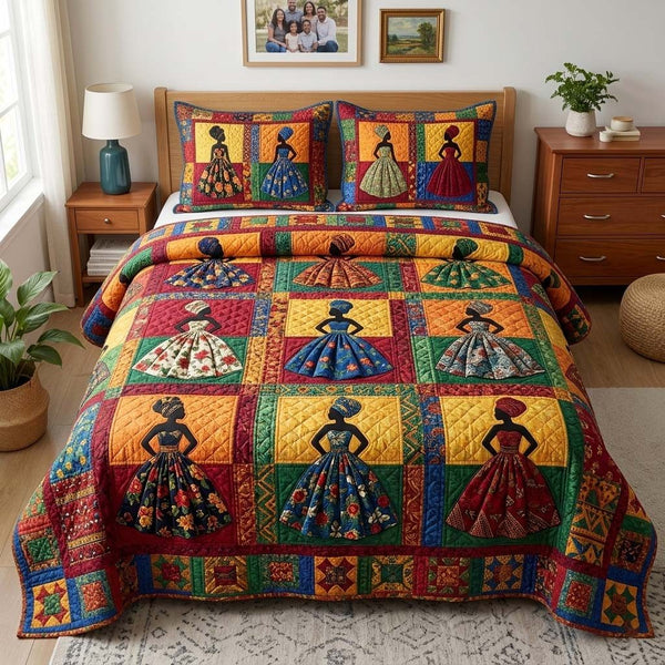 Patchwork Melanin quilted 3-piece bedding set on a made bed in a farmhouse bedroom