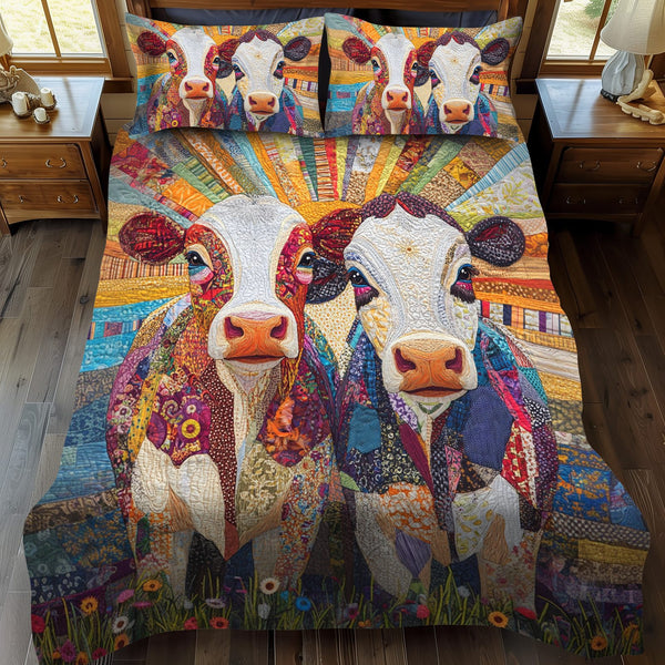 Patchwork Moo quilted 3-piece bedding set on a made bed in a farmhouse bedroom