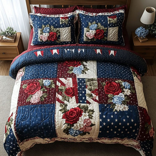 Patchwork Paradise quilted 3-piece bedding set on a made bed in a farmhouse bedroom