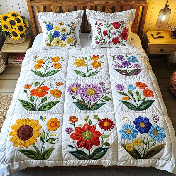 Patchwork Paradise quilted 3-piece bedding set on a made bed in a farmhouse bedroom