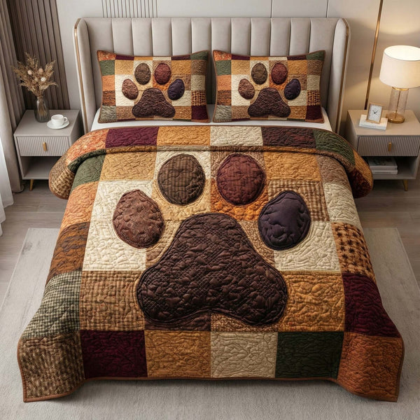 Patchwork Paw quilted 3-piece bedding set on a made bed in a farmhouse bedroom