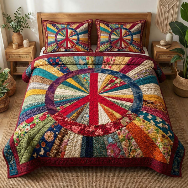 Patchwork Peace quilted 3-piece bedding set on a made bed in a farmhouse bedroom