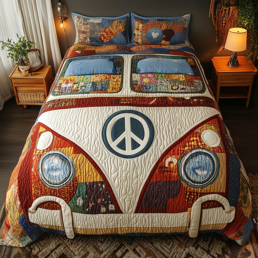 Patchwork Peace Van quilted 3-piece bedding set on a made bed in a farmhouse bedroom