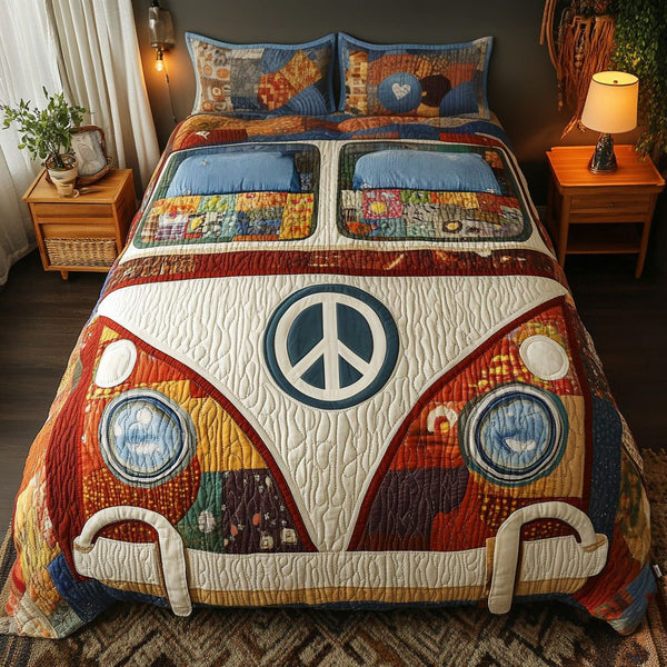 Patchwork Peace Van quilted 3-piece bedding set on a made bed in a farmhouse bedroom