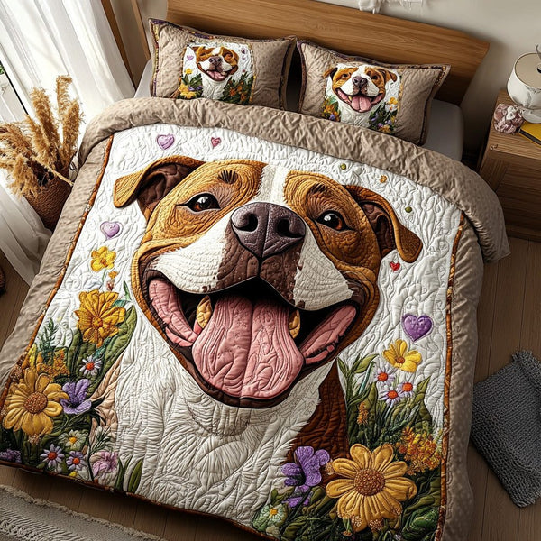 Patchwork Pit quilted 3-piece bedding set on a made bed in a farmhouse bedroom