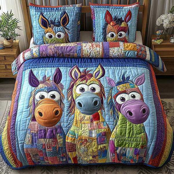 Patchwork Ponies quilted 3-piece bedding set on a made bed in a farmhouse bedroom