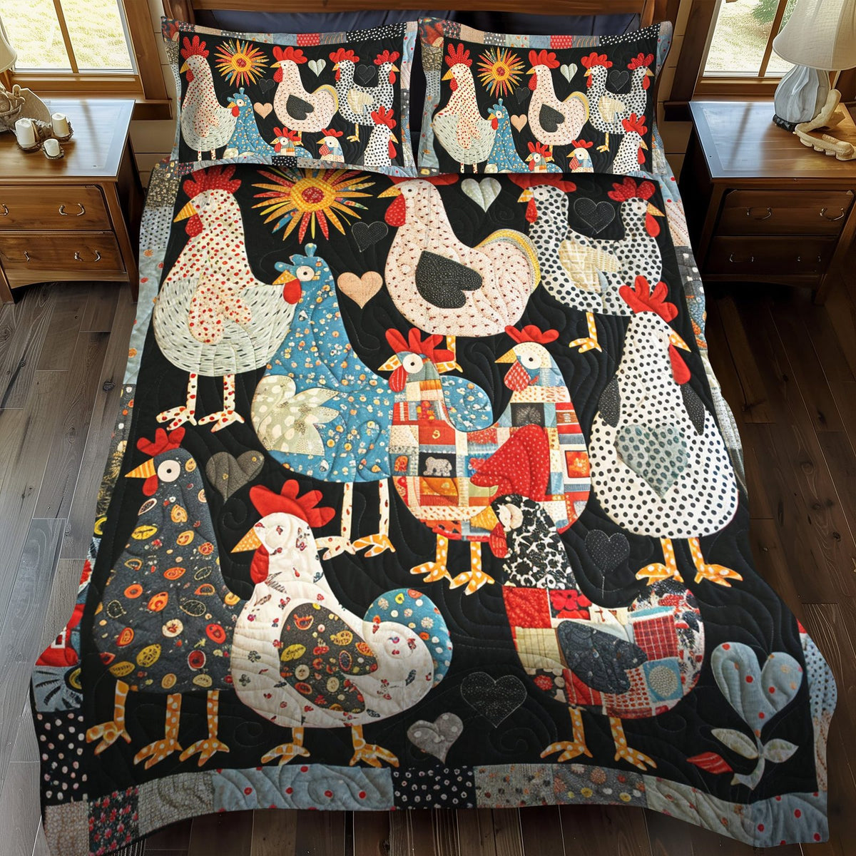 Patchwork Poultry quilted 3-piece bedding set on a made bed in a farmhouse bedroom
