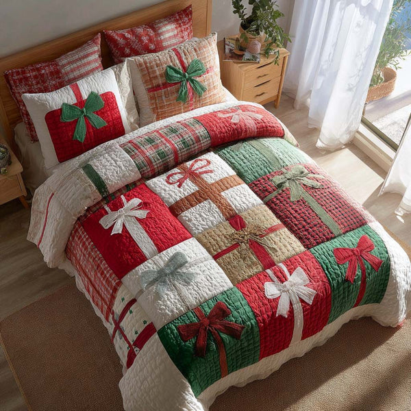Patchwork Presents quilted 3-piece bedding set on a made bed in a farmhouse bedroom