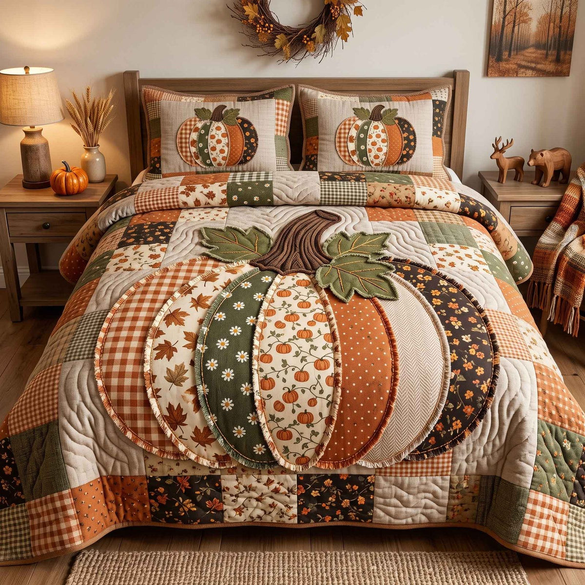 Patchwork Pumpkin Patch quilted 3-piece bedding set on a made bed against a dark styled interior