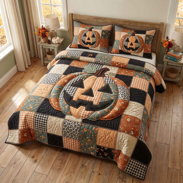 Patchwork Pumpkin Patch quilted 3-piece bedding set on a made bed against a dark styled interior
