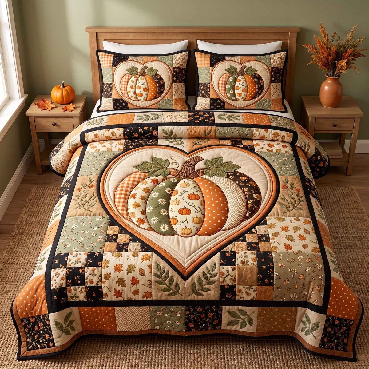 Patchwork Pumpkin Patch quilted 3-piece bedding set on a made bed against a dark styled interior