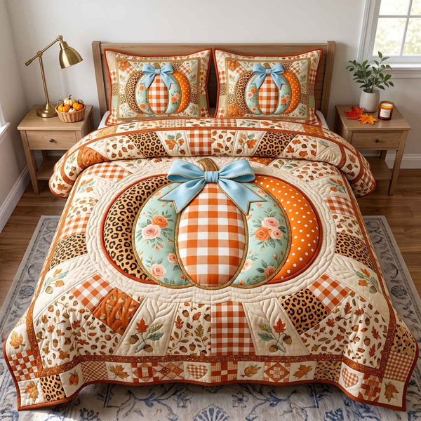 Patchwork Pumpkin Patch quilted 3-piece bedding set on a made bed against a dark styled interior