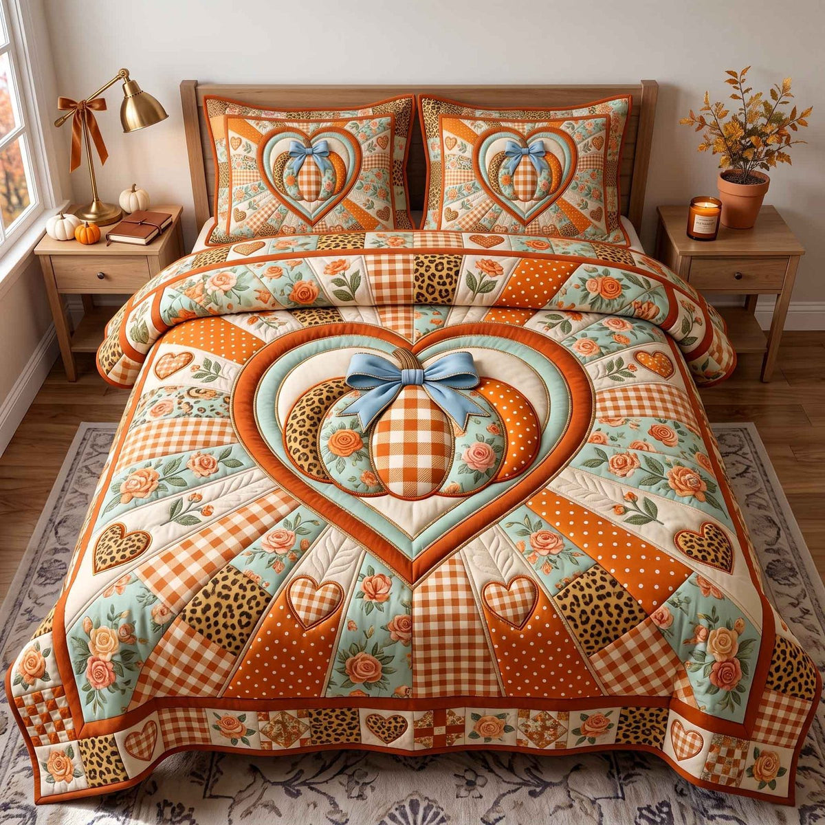 Patchwork Pumpkin Patch quilted 3-piece bedding set on a made bed against a dark styled interior