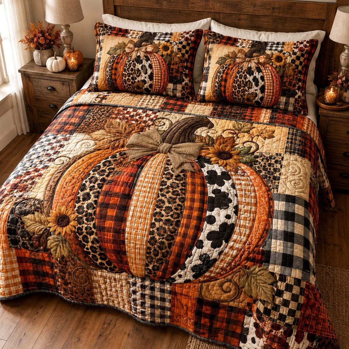 Patchwork Pumpkin quilted 3-piece bedding set on a made bed against a dark styled interior