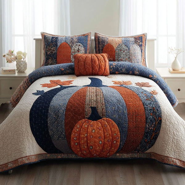 Patchwork Pumpkin quilted 3-piece bedding set on a made bed against a dark styled interior