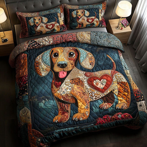 Patchwork Pup quilted 3-piece bedding set on a made bed in a farmhouse bedroom