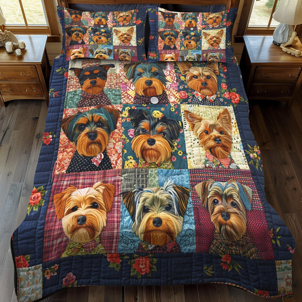 Patchwork Pups quilted 3-piece bedding set on a made bed in a farmhouse bedroom