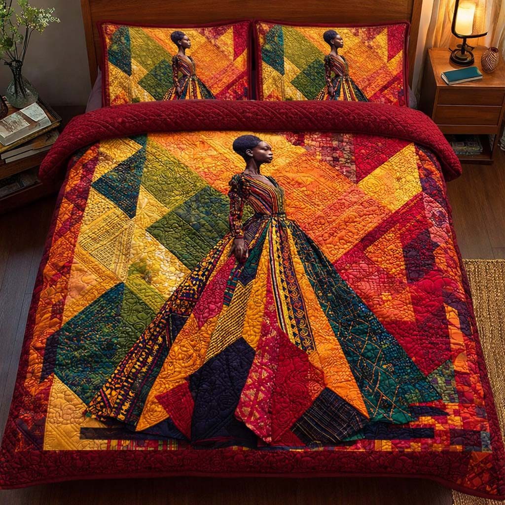 Patchwork Queen quilted 3-piece bedding set on a made bed in a farmhouse bedroom