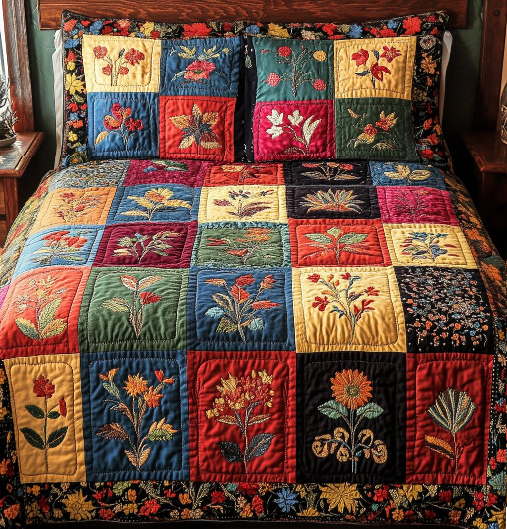Patchwork quilted 3-piece bedding set on a made bed in a farmhouse bedroom