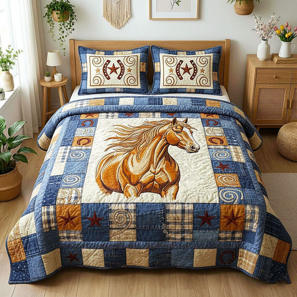 Patchwork Ranch quilted 3-piece bedding set on a made bed in a rustic timber bedroom