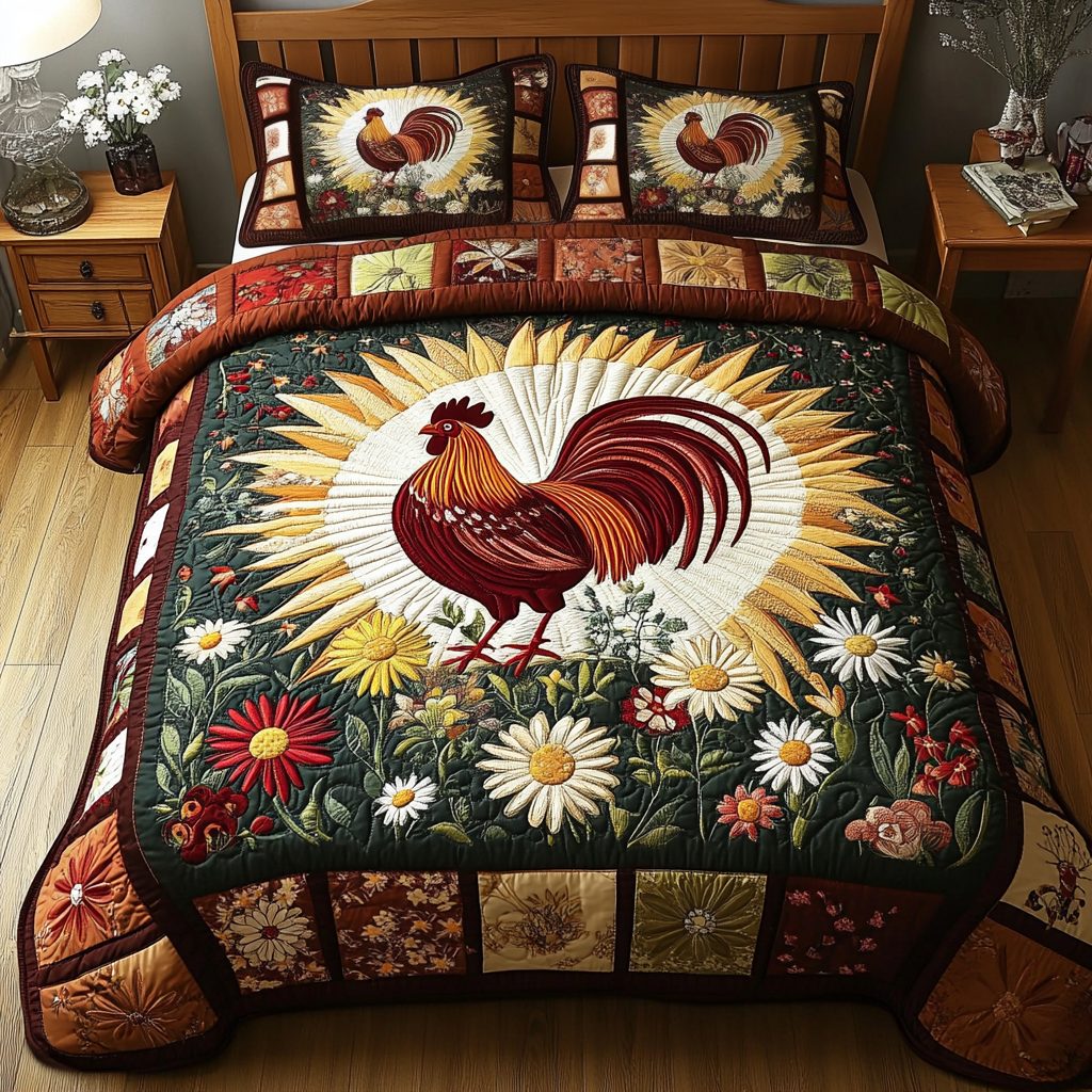 Patchwork Rooster quilted 3-piece bedding set on a made bed in a farmhouse bedroom