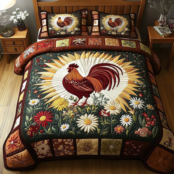 Patchwork Rooster quilted 3-piece bedding set on a made bed in a farmhouse bedroom