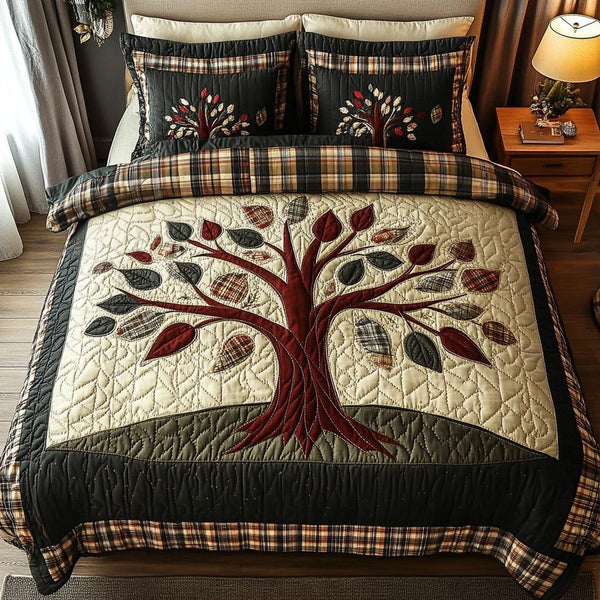 Patchwork Roots quilted 3-piece bedding set on a made bed in a farmhouse bedroom