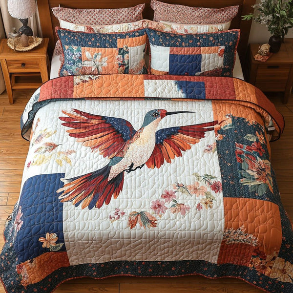Patchwork Sky quilted 3-piece bedding set on a made bed in a farmhouse bedroom