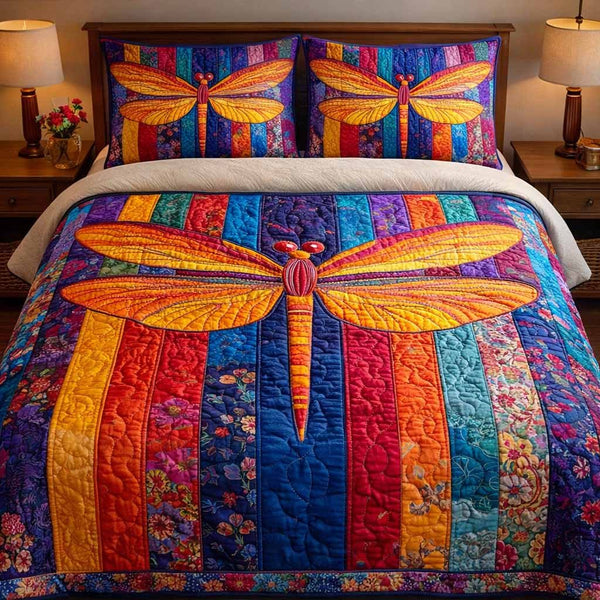Patchwork Sky quilted 3-piece bedding set on a made bed in a farmhouse bedroom