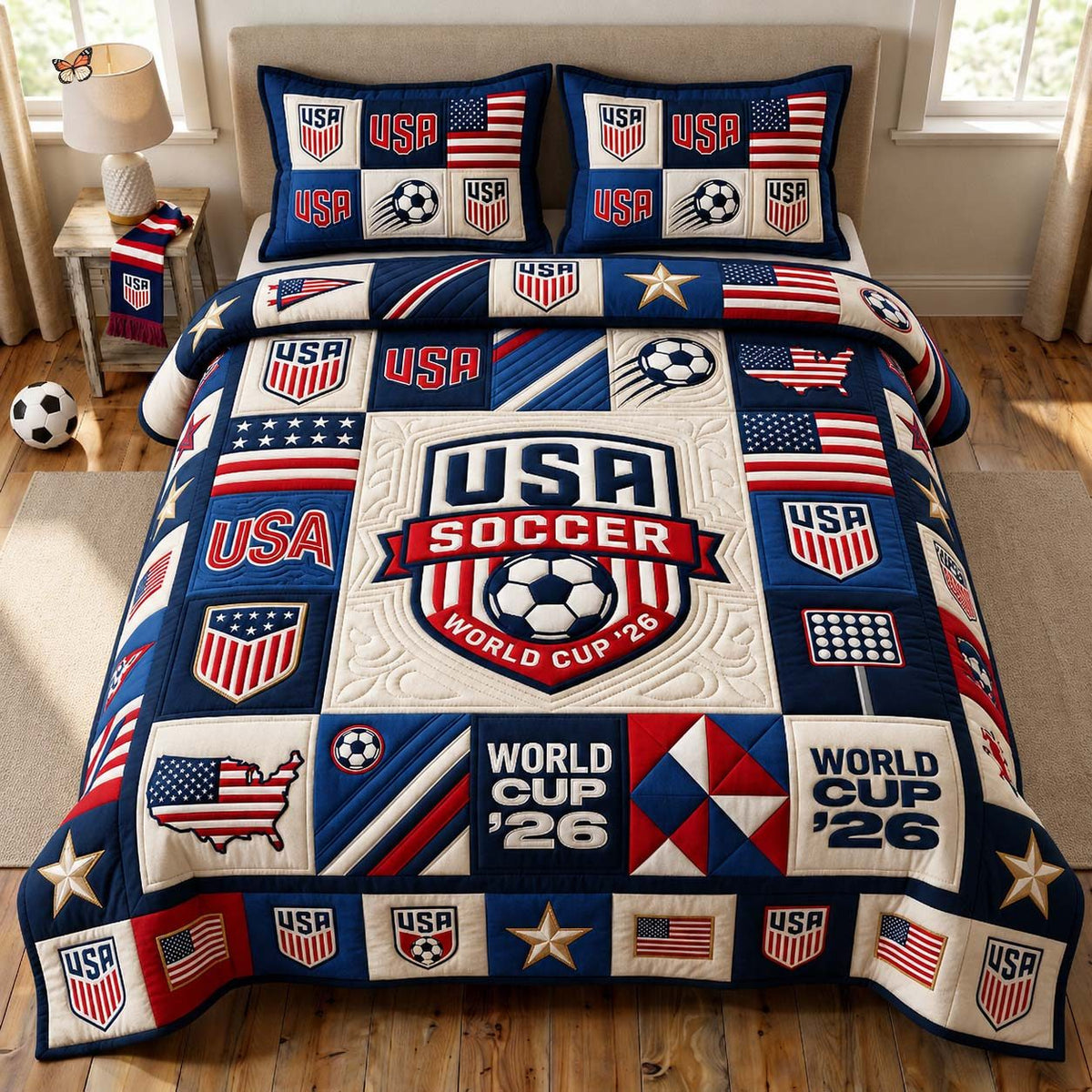 Patchwork Soccer Glory quilted 3-piece bedding set on a made bed in a farmhouse bedroom