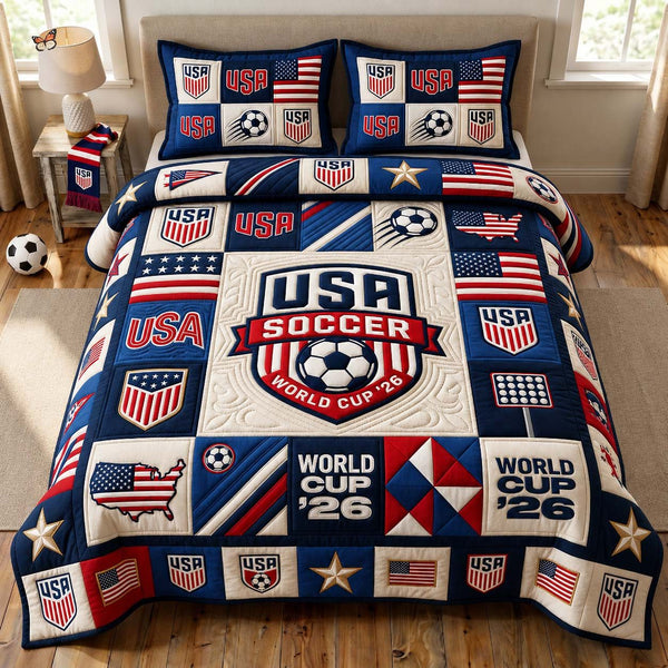 Patchwork Soccer Glory quilted 3-piece bedding set on a made bed in a farmhouse bedroom