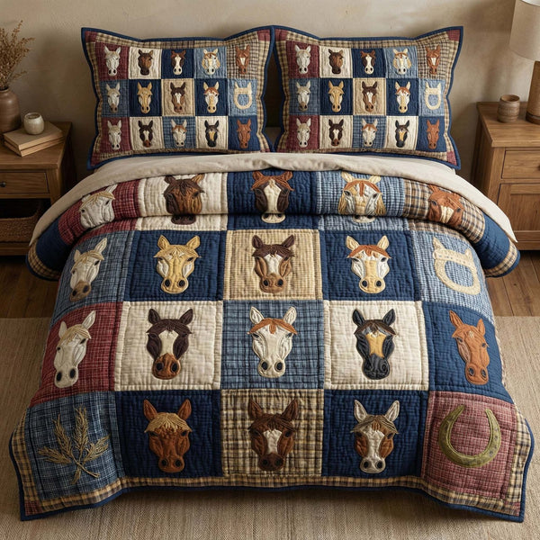 Patchwork Stable quilted 3-piece bedding set on a made bed in a farmhouse bedroom