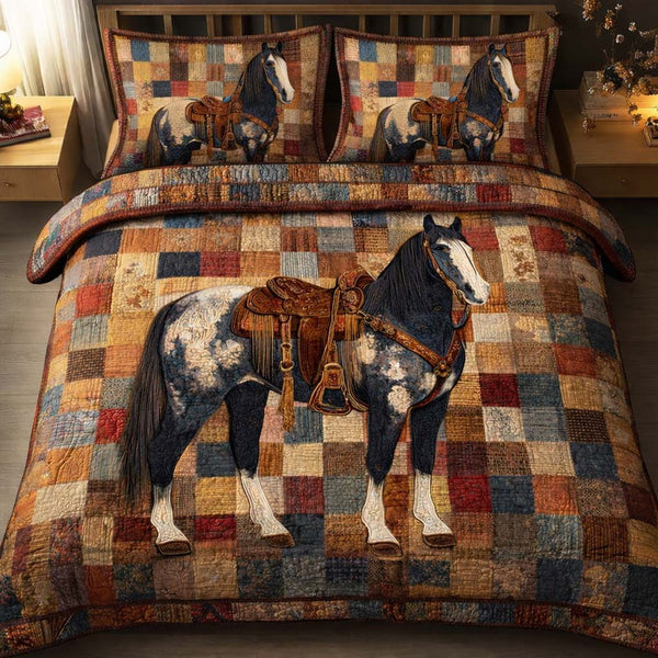 Patchwork Stallion quilted 3-piece bedding set on a made bed in a rustic timber bedroom