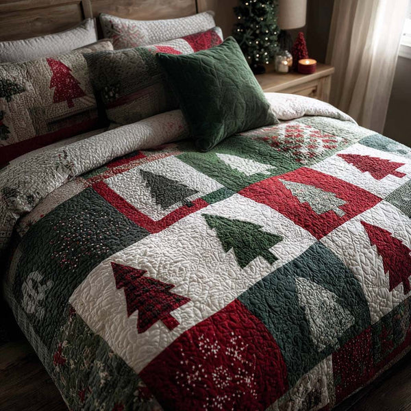 Patchwork Tree quilted 3-piece bedding set on a made bed in a farmhouse bedroom