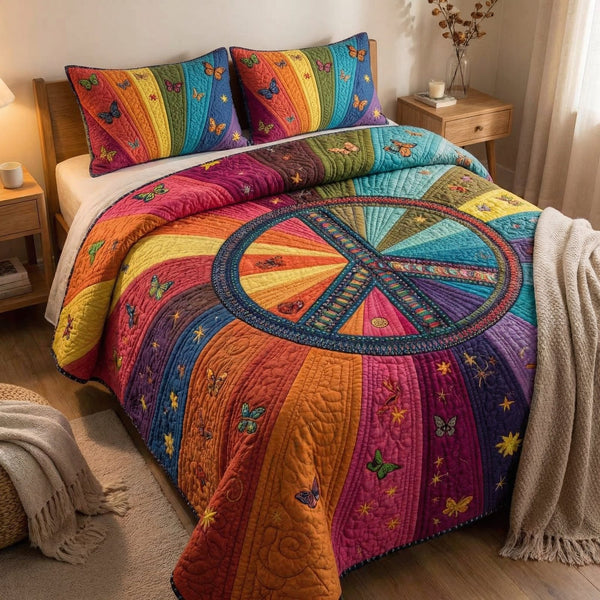 Patchwork Unity quilted 3-piece bedding set on a made bed in a farmhouse bedroom