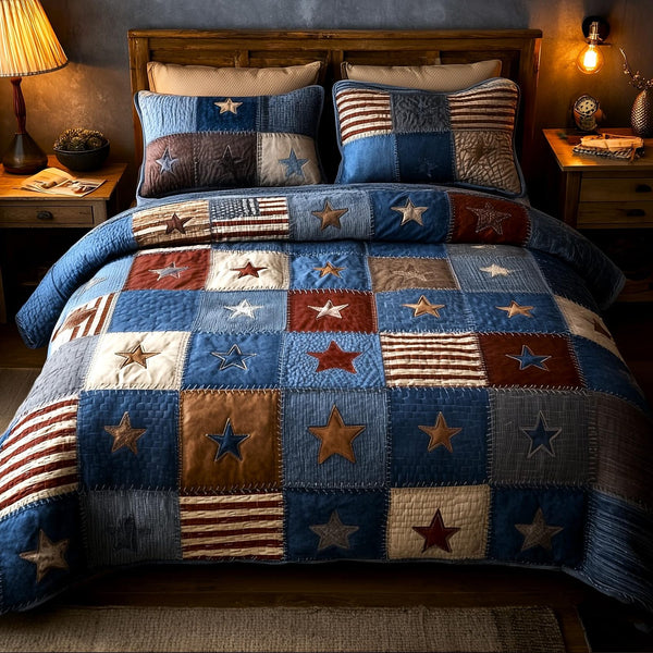 Patchwork West quilted 3-piece bedding set on a made bed in a farmhouse bedroom