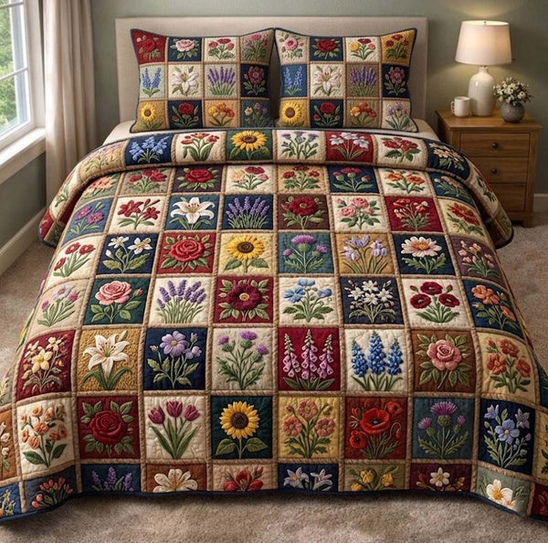 Patchy Bloom quilted 3-piece bedding set on a made bed with two matching pillow shams