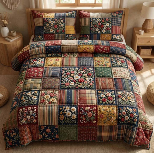 Patchy Bloom quilted 3-piece bedding set on a made bed with two matching pillow shams