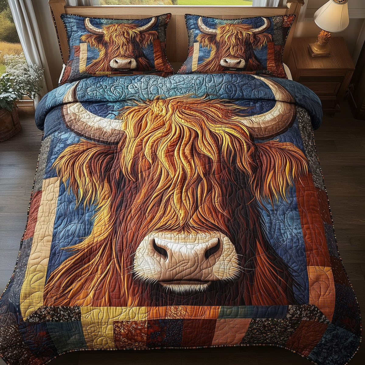 Patchy Moo quilted 3-piece bedding set on a made bed with two matching pillow shams