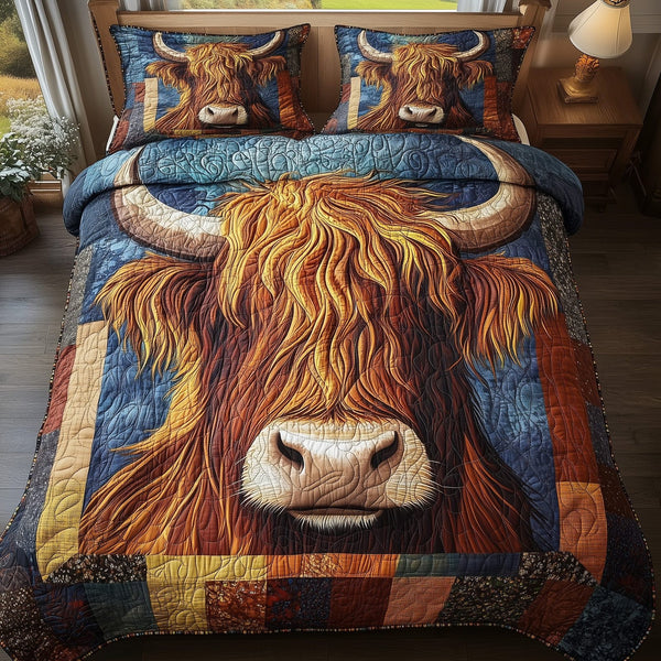 Patchy Moo quilted 3-piece bedding set on a made bed with two matching pillow shams