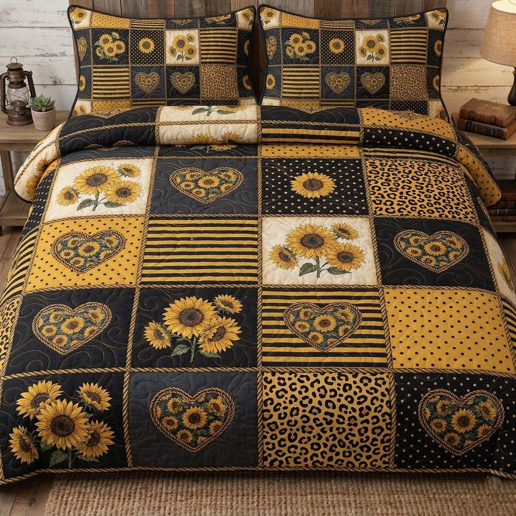 Patchy Sunflower quilted 3-piece bedding set on a made bed with two matching pillow shams