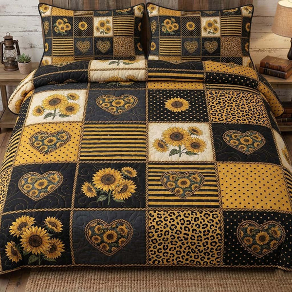 Patchy Sunflower quilted 3-piece bedding set on a made bed with two matching pillow shams